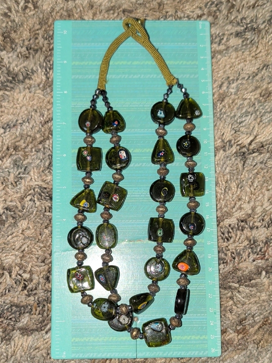 Murano Jewelry - 1950's Dual Strand Murano Venetian Olive Green Glass Millefiori Bead Necklace